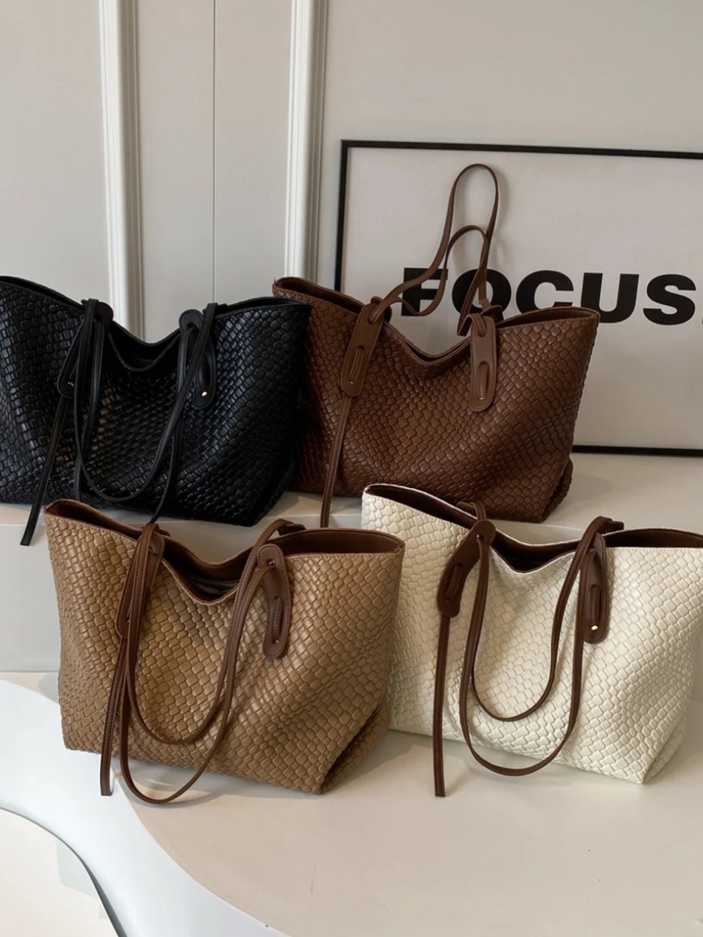 Woven Leather Tote Bag - Brown - Picture 2 of 4